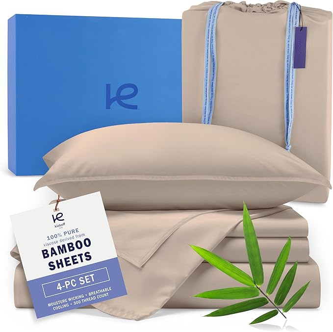Kickoff Viscose Bamboo Sheets Short Queen Size 4-pc 100% Organic Bamboo Viscose Bed Cooling Sheets Short Queen Size Set Cool Bedding for hot sleepers sheet, Flat, Fitted, Pillowcases (Taupe Latte, SQ)