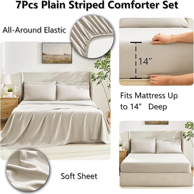 CozyLux Queen Comforter Set Beige, 7 Pieces Bed in a Bag, Beige Comforters Queen Size, All Season Bedding Sets with Stitch Quilted Comforter, Flat Sheet, Fitted Sheet, Pillowcases