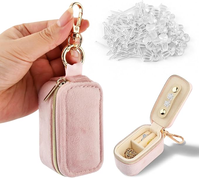 Velvet Mini Travel Jewelry Case, 2 in 1 Ring Holder Keychain + 50 Plastic Earrings, Portable Small Jewelry Organizer for Women, Travel/Gym/Wedding/Bridesmaid Gift by Unknown