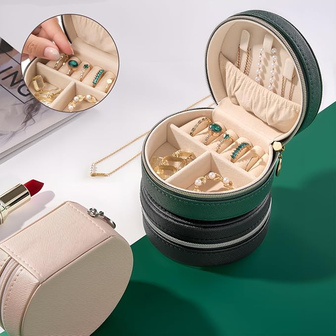 ProCase Travel Size Jewelry Box, Mini Portable Seashell-Shaped Jewelry Case, 2 Layer Organizer in PU Leather for Women -Emerald - Image 2