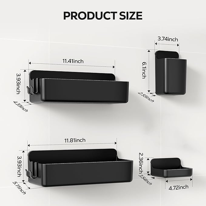 Nieifi Adhesive Wall Shelf, Shower Shelves, Shower Organizer for Bathroom Organization (Black, 4 pieces) - Image 2