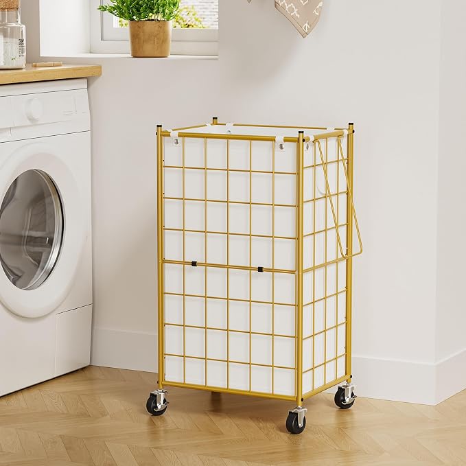 WOWLIVE Laundry Hamper with Wheels,Metal Wire Frame Rolling Laundry Basket with Removable bag,100L Dirty Clothes Hamper Organizer Dorm Room Storage for Bedroom,Bathroom,Golden - Image 4