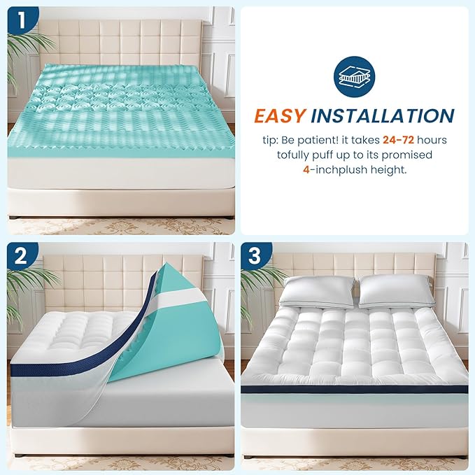 4 Inch Memory Foam Dual-Layer Mattress Topper Queen Size - 2Inch 1000GSM Quilted Pillow Top with Down-Alternative + 2Inch 5-Zone Egg Crate Memory Foam, Cooling & Breathable（Queen,60"x80"）