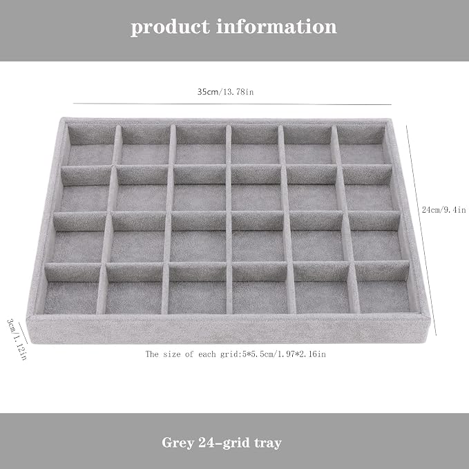 Large Velvet Jewelry Tray, Drawer Organizer for Jewelry in Dresser, Stackable Jewelry Drawer Organizer Inserts for Earring Necklace Bracelet Rings(Grey,24grid) - Image 6