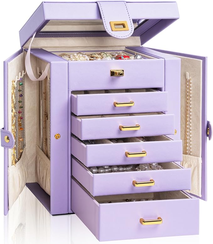 AKOZLIN Jewelry Box Organizer Functional Leather Jewelry Storage Case for Women Girls Ring Necklace Earring Bracelet Holder Organizer with Mirror Purple by AKOZLIN