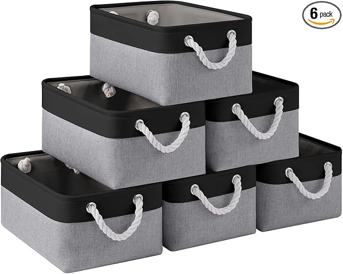 Storage Baskets for Shelves 13.8x9.8x6.7 Inch, Foldable Fabric Storage Bins with Handles, Small Storage Baskets for Organizing Closet, Office, Home Organization (6-Pack, Black&Gray) by VQRTEXAStorageBasket