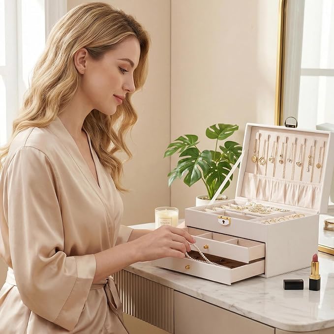 3 Layer Jewelry Box, Jewelry Holder Organizer with Jewelry Organizer Drawer, Large Jewelry Boxes & Organizer with Velvet Earring Organizer, Lockable Jewelry Holder, Unique Gifts for Women Mom (White) - Image 6