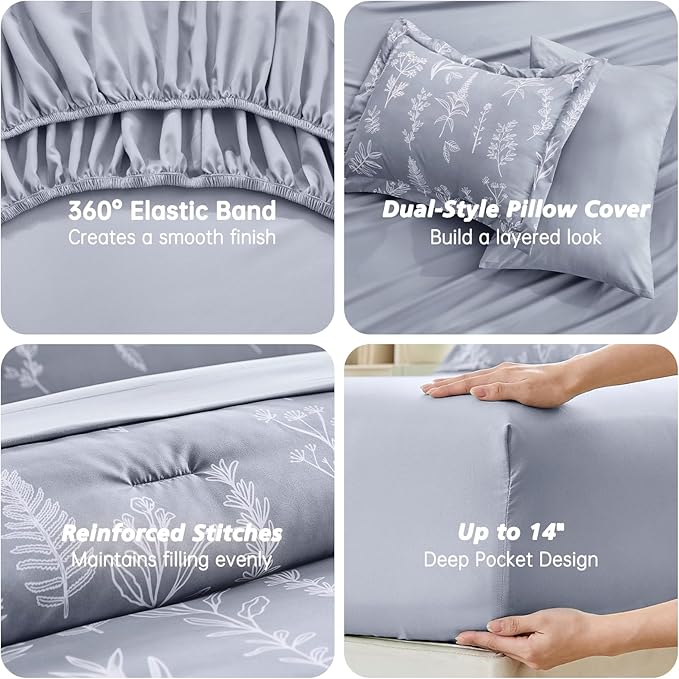 MUXHOMO Light Grey Full Comforter Set, Elegant Floral Print Bed in a Bag 7 Pieces, Ultra Soft & Breathable Reversible Botanical Pattern Bedding Set with Comforter, Sheets, Pillowcases, and Shams