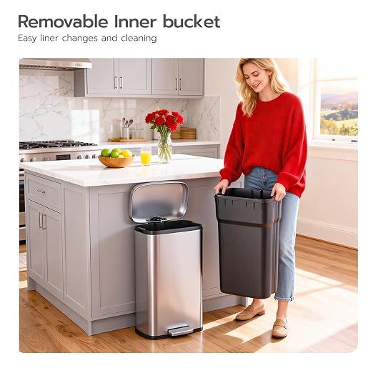 PayLessHere 8 Gallon (30L) Stainless Steel Trash Can with Lid - Removable Inner Bucket, Foot Pedal, Soft Close for Office, Home, Kitchen - Image 5