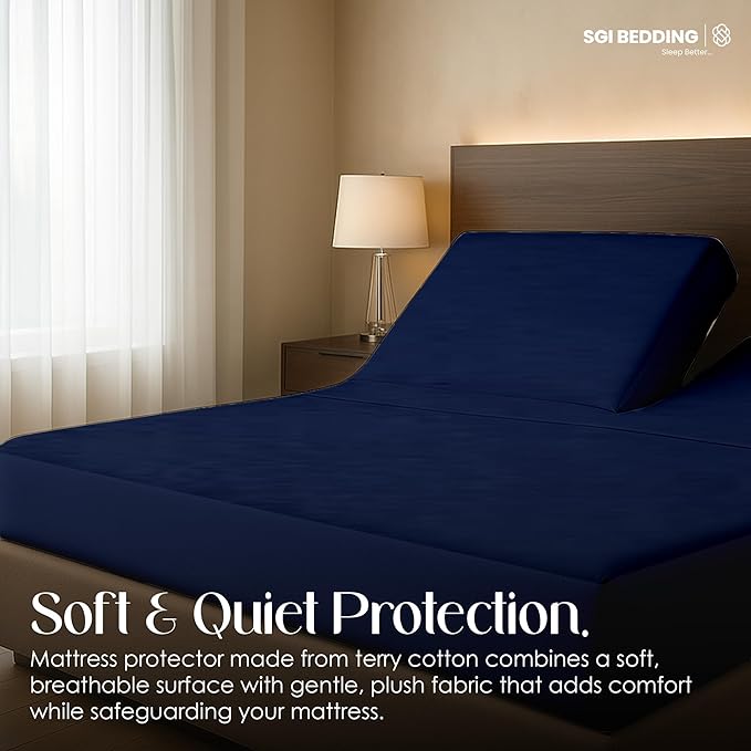SGI bedding Waterproof Split Top Queen 60x80 Mattress Protector Pad Cover– 28" Top, 18" Deep Pocket Fitted Style, Soft Noiseless & Breathable Bed Cover for Adjustable Head Beds Navy Blue