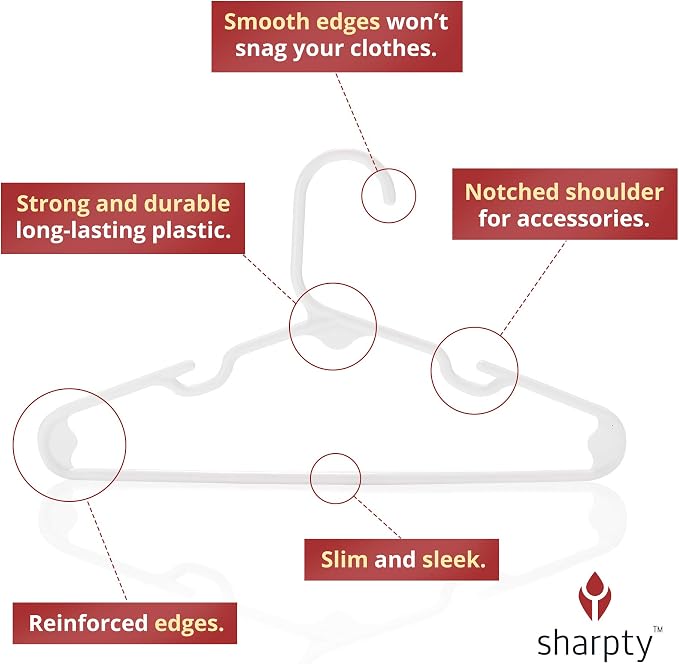 Sharpty Kids Plastic Hangers, Children's Hangers for Baby, Toddler, and Child Clothes - Everyday Standard Use - Ideal for Boys and Girls Closet, Clothing, Pants, Coats, and More - White, 60 Pack - Image 2