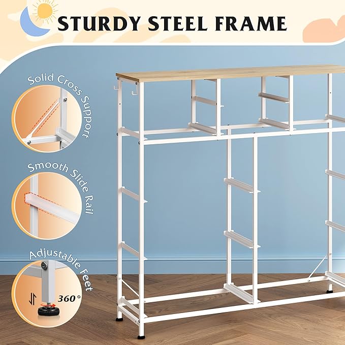 WLIVE Fabric Dresser for Bedroom with 10 Drawers, Chest of Drawers with Side Pockets and Hooks, Sturdy Metal Frame, Drawers Organizer Unit for Living Room, Hallway, Cream White