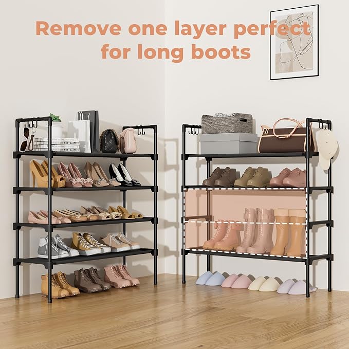 LANTEFUL 4 Tier Shoe Rack for Closet Shoe Organizer with 5 Hooks, Long Shoe Shelf Storage for Shoe and Boot Stackable Free Standing Shoe Rack for Entryway, Garage, Small Spaces, Dorm, Black - Image 5