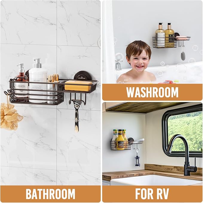 LEVERLOC Shower Caddy Suction Cup, Heavy Duty Bathroom Organizer for Inside Shower with Hooks & Soap Holder， NO-Drilling Bathroom Holder-Brown - Image 6