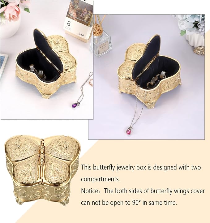 Hipiwe Jewelry Box Vintage Treasure Chest Butterfly Shape Decorative Keepsake Holder for Necklace Ring Earrings Storage Organizer Gift for Woman, Large - Image 3