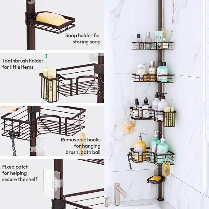 SWTYMIKI Shower Caddy Tension Pole - 4-Tier Corner Shower Organizer Tension Rod with Soap Holder, Toothbrush Holder & 4 Hooks, Adjustable Stainless Steel Bathroom Organizer 27.6 to 108.3 inch, Bronze - Image 4