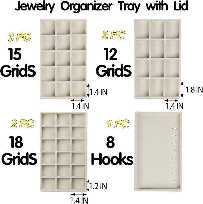 Set of 8 Stackable Jewelry Organizer Trays with 1 Lid for Drawer & Dresser Organizer, Adjustable Velvet Jewelry Box Tray Earring Organizer Necklace Storage Ring Bracelet Display Case (Beige) - Image 2