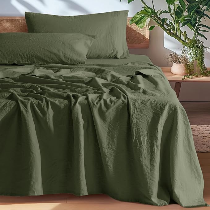 SONORO KATE 100% French Pure Linen Sheets, Breathable and Durable Linen King Size Sheets, Anti-Tear Linen Bed Sheets, Machine Washable, 16 Inch Deep Pocket - 4 Piece (Olive Green, King)