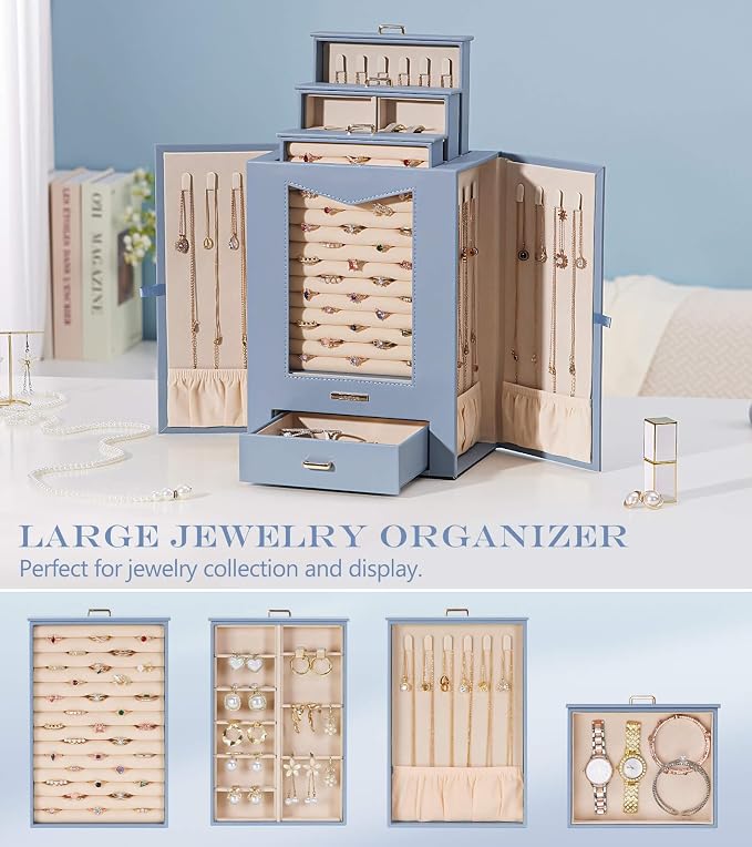 Homde Jewelry Organizer with Transparent Window Necklace Hooks Gift for Women Jewelry Box Display Case for Necklaces Rings Earrings Bracelets and Other Accessories (Grey Blue) - Image 5