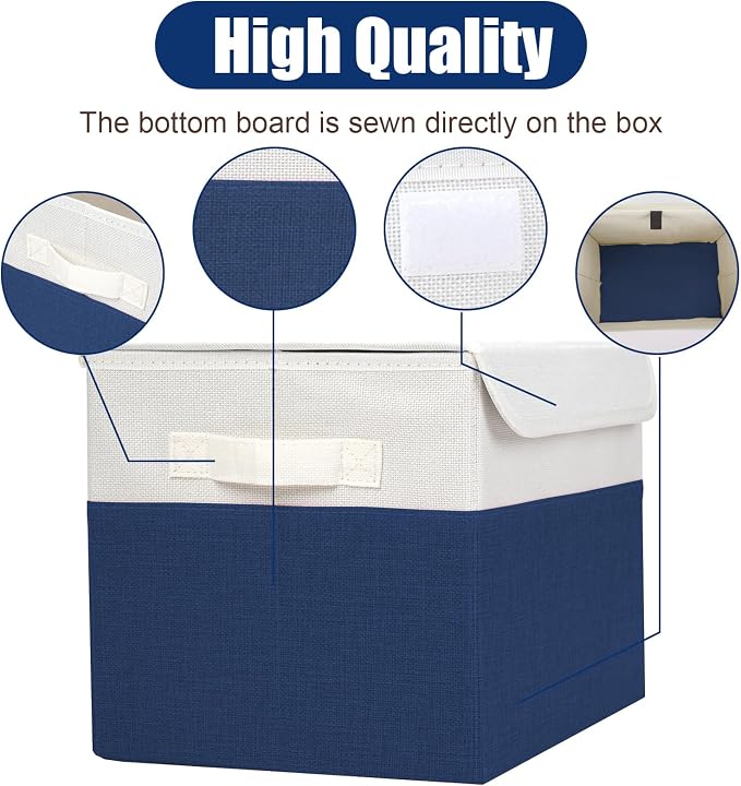Bagnizer Large 22 Quart Linen Fabric Foldable Storage Bin Cube Organizer Basket with Flip-Top Lid & Handles, Clothes Blanket Box for Home, Office, Closet, Navy Blue & White, 4 Pack 14.6 x 9.5 x 9.5 - Image 5