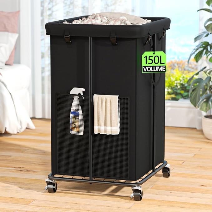 150L Laundry Hamper with Wheels, Rolling Laundry Basket with Metal Frame and Removable Bag, Large & Tall Dirty Clothes Hampers for Bedroom Aesthetic, Laundry Room, Bathroom, Dorm-Black by OLLDIDE