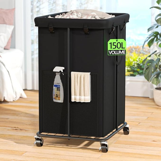 150L Laundry Hamper with Wheels, Rolling Laundry Basket with Metal Frame and Removable Bag, Large & Tall Dirty Clothes Hampers for Bedroom Aesthetic, Laundry Room, Bathroom, Dorm-Black by OLLDIDE