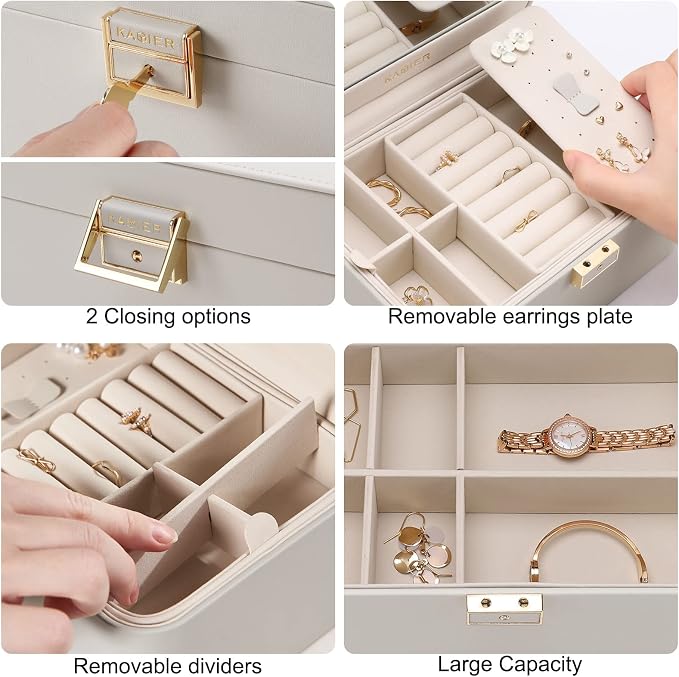 KAMIER Jewelry Box, 2 Layers PU Leather Jewelry Organizer Box, Large Capacity, Double Lock and Large Mirror, Hidden Necklace Hooks, Removable Dividers, Grey - Image 5