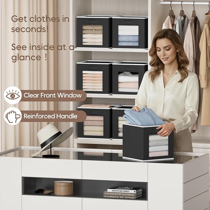 Homsorout Foldable Storage Cubes - Cubby Storage Organizer with Window, Decorative Baskets for Organizing, 11 Inch Fabric Cube Shelf Bins, Set of 10, Black - Image 2
