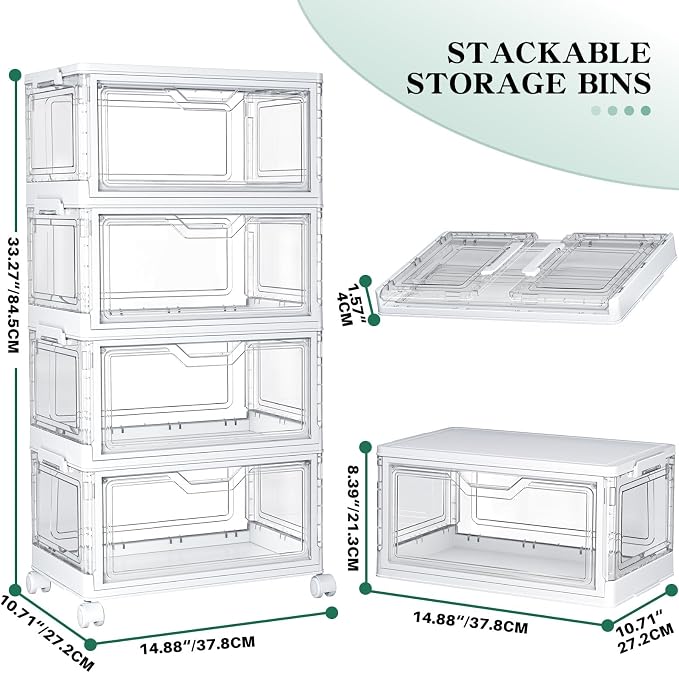 Kmiectse Clear Storage Bins with Lids - 4 Tier Plastic Bins with Wheels, Stackable Storage Bin, Closet Organizers Box for Bedroom, Living Room, 23 QT Folding Box with Magnetic door - Image 2