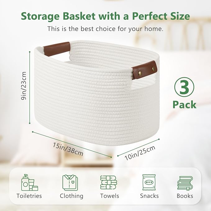 ECDYQXVU Cotton Rope Basket, Storage Baskets with Handle, 15x10x9 Inch Woven Basket for Shelves, Laundry, Towels, Clothes, Books (White 3Pack) - Image 3