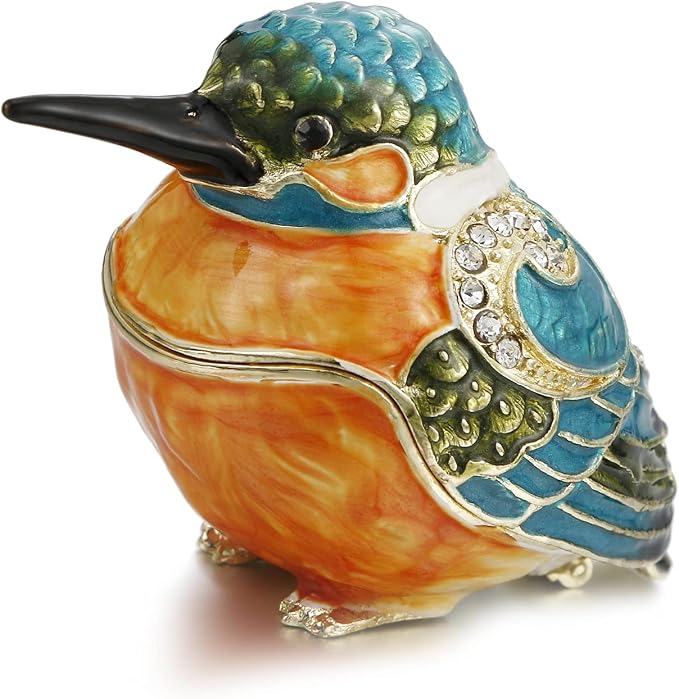 Hand Painted Enamel Kingfisher Trinket Box for Home Decor, Hinged Jewelry Organizer for Ring Earrings, Unique Figurine Keepsake Collectible Personalized Handmade Ornament Gifts (Blue Kingfisher) by AzurtLCX