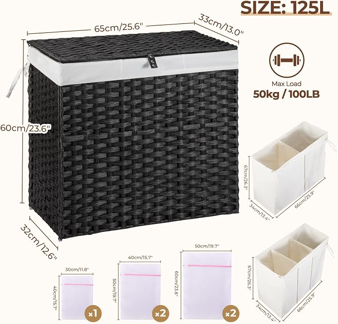 Greenstell Laundry Hamper with Lid, 125L Wicker Laundry Baskets with 2 Removable Liner Bags & 5 Mesh Laundry Bags, Handwoven Rattan Clothes Hamper with Handles for Clothes in Bathroom, Bedroom - Image 5