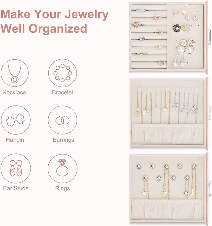 DesignSter Jewelry Box Organizer, Jewelry Box for Women, PU Jewelry Organizer Display Case with Side Drawers, Jewelry Storage for Earring Necklace Ring Bracelet Watch - Image 2