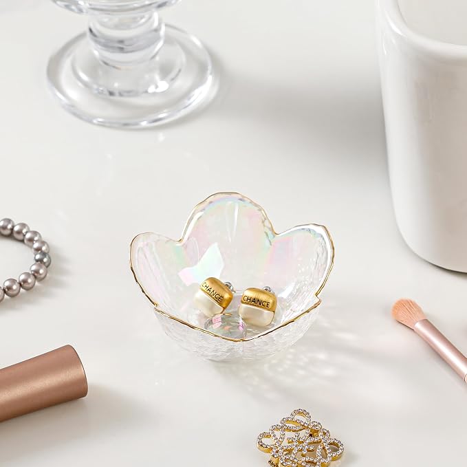 White Flower Jewelry Dish Glass Ring Dish Jewelry Tray Cute Vanity Organizer Room Decor Aesthetic Nightstand Bathroom Decor Trinket Dish Ring Holder Jewellery Tray Valentine's Birthday Gifts for Women - Image 6