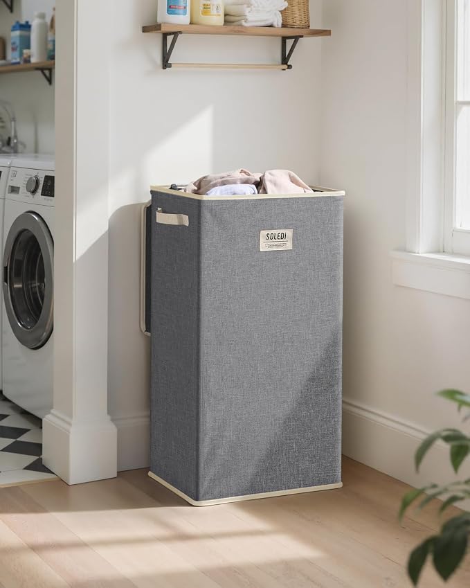 SOLEDI Laundry Hamper with Lid 100L Large & Tall Collapsible Laundry Basket, Clothes Hamper with Bag Removable Easy to Carry, Dirty Hampers for Bedroom, Bathroom, Dorm, College, Light Grey - Image 2