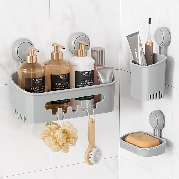 LEVERLOC Shower Caddy Suction Cup Set Shower Organizer & Soap Holder & Toothbrush Holder, Bathroom Shelf Basket NO-Drilling, Removable Suction Storage Waterproof Bathroom Caddy, Gray by LEVERLOC