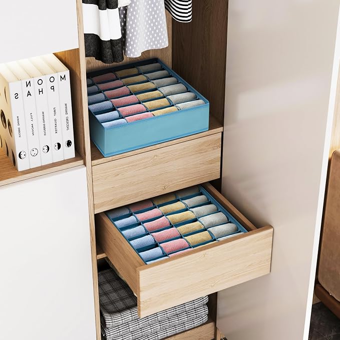Joyoldelf Sock Organizer Drawer Organizer - 2 Packs Underwear Organizer, 24 Cells Collapsible Closet Organizers and Storage Sock Holders Organizers for Storing Socks, Ties, Belts(Blue) - Image 6