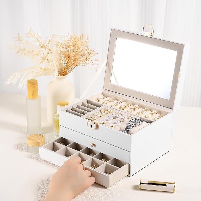 3 Layer Jewelry Boxes for Women with Mirror Large Jewelry Organizer Box with 2 Jewelry Organizer Drawer PU Lockable Elegant Unique Gifts for Women, White - Image 7