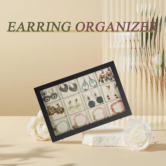 Stratalife Jewelry Organizer Bracelet Holder Organizer Box Earring Storage Drawer Jewelry Display Anti Tarnish Ring Holder For Women Girls 12 Grid (Beige Black) - Image 5