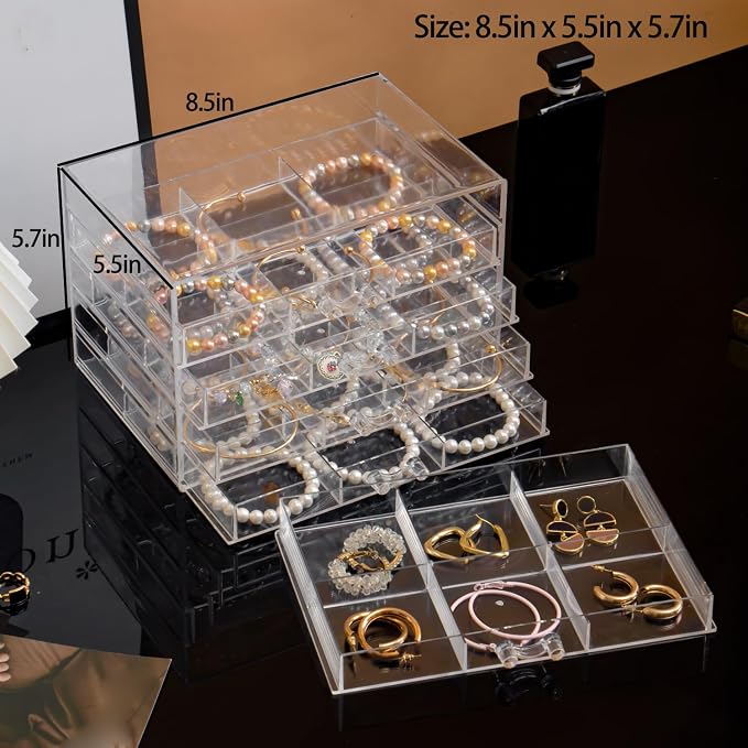 SPAKOWN Earring Organizer, Acrylic Earring Box Large 30 Compartments Jewelry Holder Organizer with 5 Drawers Stackable Earring Bracelet Storage Case Jewelry Boxes for Women (Clear) - Image 3
