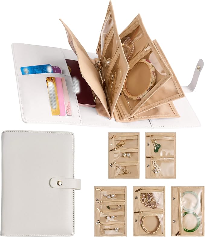 SEVENBEES Women’s Travel Jewelry Case - Jewelry Boxes PU Leather Ring Binder Organizer with Zipper Velvet Jewelry Pouches Bags - Cream White by SEVENBEES