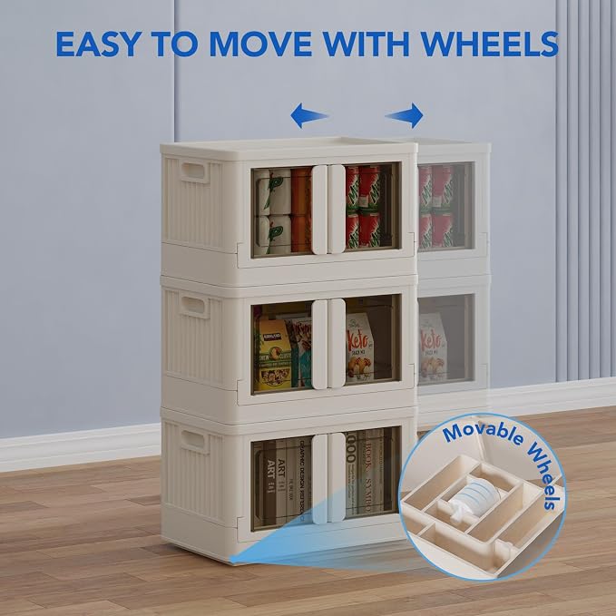 FLEXIMOUNTS 75 QT Stackable Storage Bins With Lids, Collapsible Plastic Storage Bins, Closet Organizers and Storage Containers with Doors and Built-in Wheels For Home, 2 Pack Cubes, Milky White - Image 6