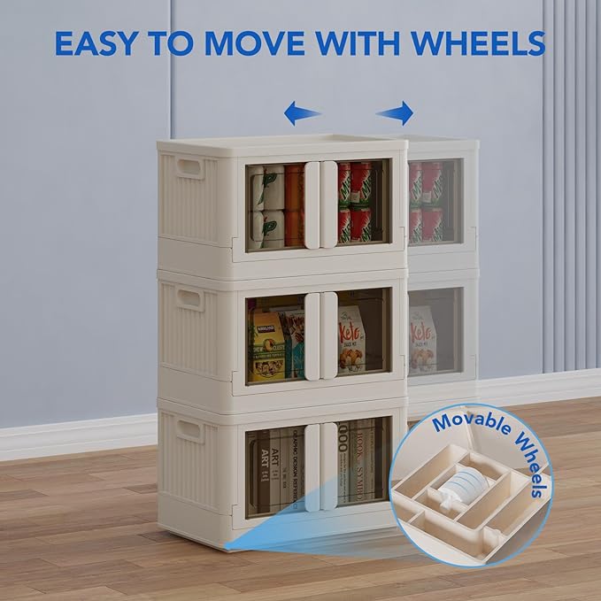 FLEXIMOUNTS 150 QT Stackable Storage Bins With Lids, Collapsible Plastic Storage Bins, Closet Organizers and Storage Containers with Doors and Built-in Wheels For Home, 4 Pack Cubes, Milky White - Image 5