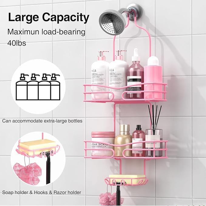 DAOYA Pink 3-Tier Over Head Shower Caddy with Soap Holder & 6 Hooks - Hanging Shower Caddy for Bathroom Organizer - Image 2