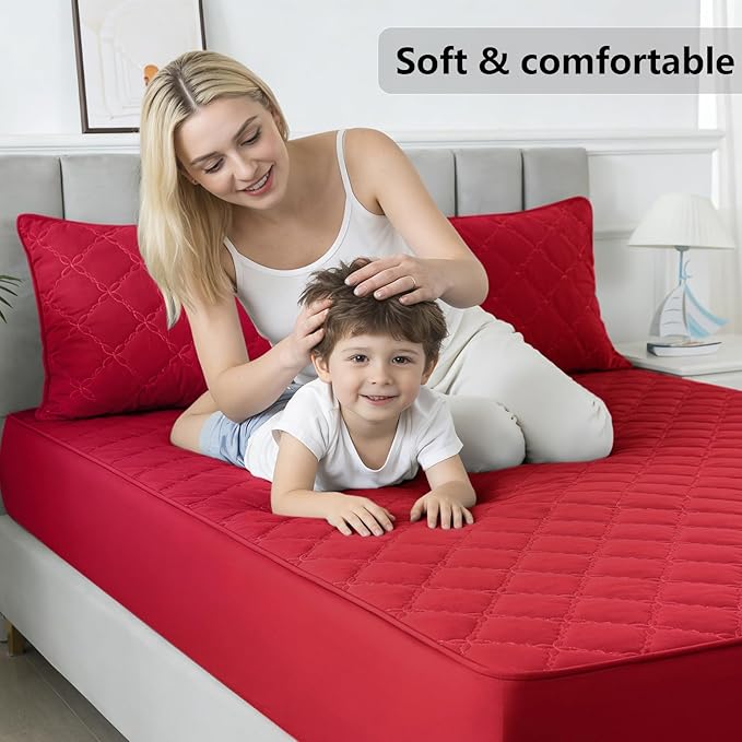 Waterproof Mattress Protector - Queen Size Mattress Pad Silent & Fitted Sheet Style | Full Bed Protection for Kids, Pets, Adults | Hypoallergenic, Machine Washable (Red, Queen)
