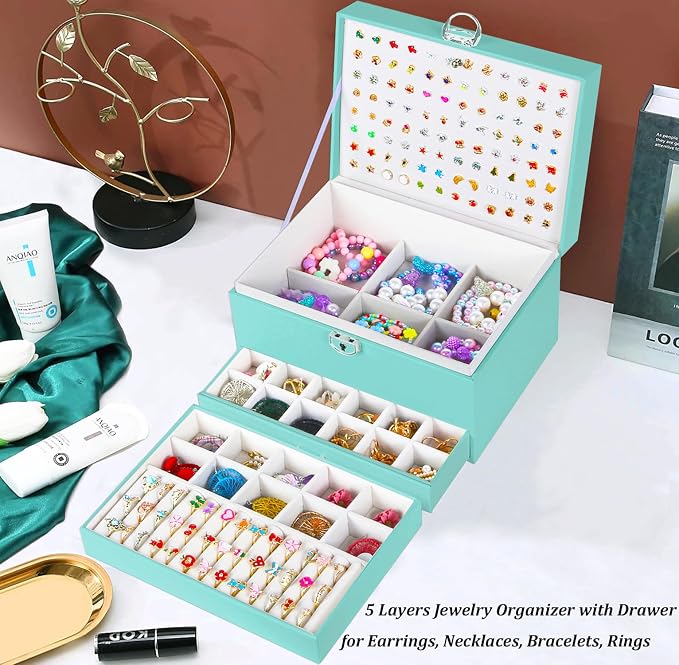 QBestry Earrings Jewelry Box for Girls, 5 Layers Jewelry Organizer with Earring Holder Organizer for Girls Earring Organizer Jewelry Boxes for Women Earrings and Necklaces Jewelry Box Organizer Teal - Image 8
