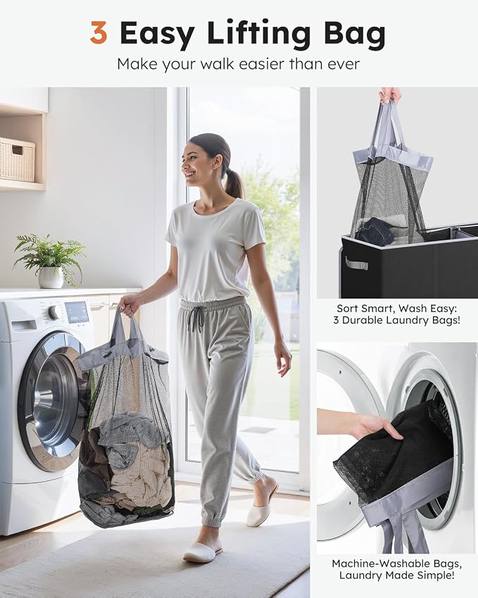 SOLEDI 180L Laundry Hamper 3 Section, Extra Large Laundry Hamper with Lid, Dirty Clothes Hamper with Sturdy Handle, Large Laundry Basket Organizer for Laundry Room, Bedroom, Hampers for Laundry - Image 5