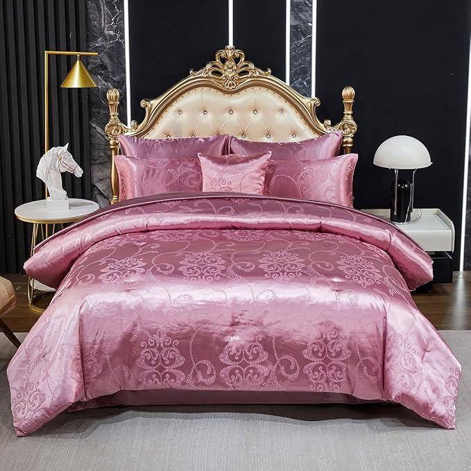 Elegant Jacquard King Comforter Set Satin Sheet Set Pink Bedding Set 8 Pcs Vintage Neoclassical Floral Bed Home Decor Soft Down Comforter Luxury Hotel Silky Bed in a Bag with 1 Cushion Cover