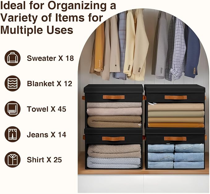Homsorout Large Storage Bins with Lids - 4 Pack Foldable Decorative Organizers with Clear Windows & Handles, Cube Storage Organizers for Clothes, Blankets, Sweaters, Sheets, Black - Image 4
