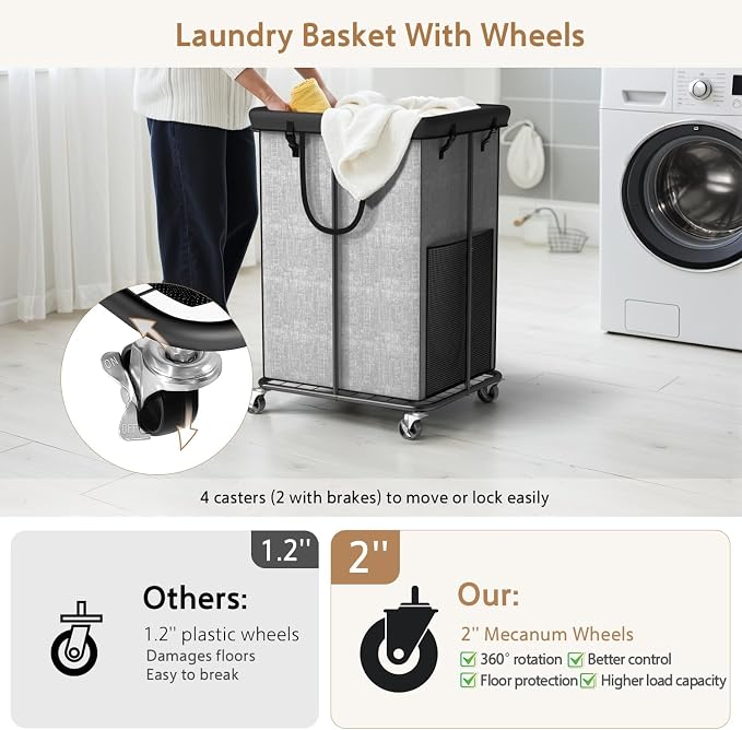 150L Large Laundry Basket with Wheels, Rolling Laundry Hamper with Removable Laundry Bag & Metal Frame, Oxford Fabric Dirty Clothes Hampers for Bedroom, Laundry Room, Bathroom, Dorm(Grey) - Image 3